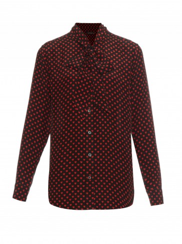 EQUIPMENT X Kate Moss Slim Signature silk blouse black with red hearts – as worn by Kate Moss in Venice, Italy on 27 June 2016. Celebrity fashion | pussy bow blouses | feminine shirts | heart print