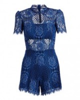 Alexis ~ Heidi Short-Sleeve Lace Romper, Passionate Blue – as worn by Paris Hilton on the red carpet at Beach Club in Montreal, Canada on 25 June, 25 2016. Celebrity fashion | star style playsuits