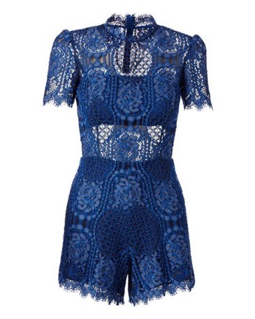 Alexis ~ Heidi Short-Sleeve Lace Romper, Passionate Blue – as worn by Paris Hilton on the red carpet at Beach Club in Montreal, Canada on 25 June, 25 2016. Celebrity fashion | star style playsuits - flipped