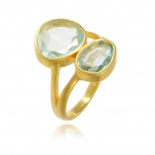 Pippa Small Jewellery Aquamarine Double Greek Ring. Light blue gemstone rings | 18kt Yellow Gold - flipped
