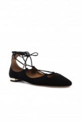 AQUAZZURA DANCER SUEDE FLATS in black. Chic flat shoes | designer footwear | lace up front shoes | ties