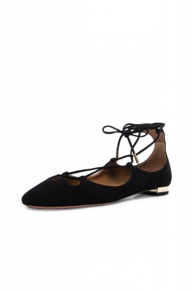 AQUAZZURA DANCER SUEDE FLATS in black. Chic flat shoes | designer footwear | lace up front shoes | ties - flipped