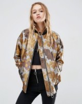 ASOS Bomber Jacket in Floral Jacquard with Tipped Rib. Metallic print jackets | casual weekend fashion | on-trend outerwear