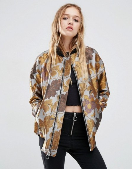 ASOS Bomber Jacket in Floral Jacquard with Tipped Rib. Metallic print jackets | casual weekend fashion | on-trend outerwear - flipped