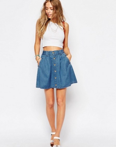 ASOS Denim Button Front Mini Skater Skirt In Mid Wash Blue. Casual skirts | summer fashion | feminine and flirty - flipped