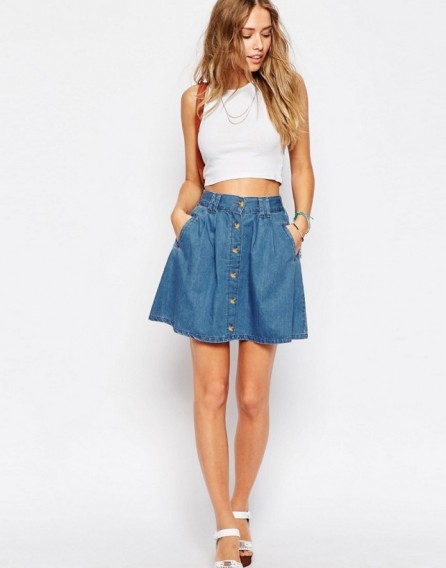 ASOS Denim Button Front Mini Skater Skirt In Mid Wash Blue. Casual skirts | summer fashion | feminine and flirty