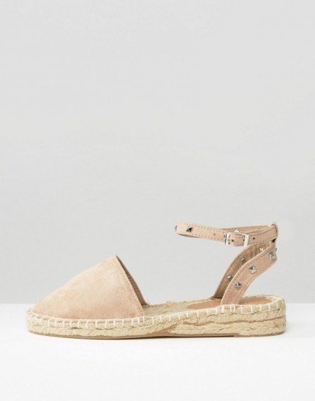 affordable summer luxe ASOS JINX Studded Two Part Espadrilles. Taupe faux suede | pyramid studded flats | casual chic flat shoes | ankle strap | stud | silver tone studs - flipped