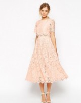 ASOS Lace Crop Top Midi Prom Dress nude – light pink occasion dresses – scalloped edge – fit and flare – feminine style fashion