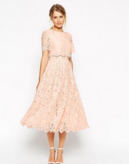 ASOS Lace Crop Top Midi Prom Dress nude – light pink occasion dresses – scalloped edge – fit and flare – feminine style fashion - flipped