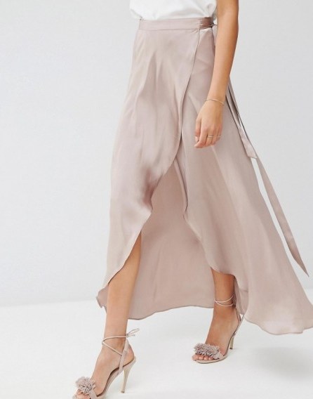 ASOS Maxi Wrap Skirt in Satin taupe – long summer skirts – occasion fashion – garden parties – party style – floaty fabric – feminine - flipped