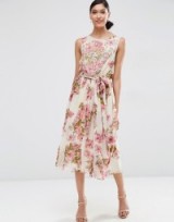 ASOS SALON Pretty Floral Soft Midi with Embellishment Bodice Dress – garden party dresses – summer parties – white pink & green – sequin embellished – floaty fabric – feminine style fashion – occasion wear