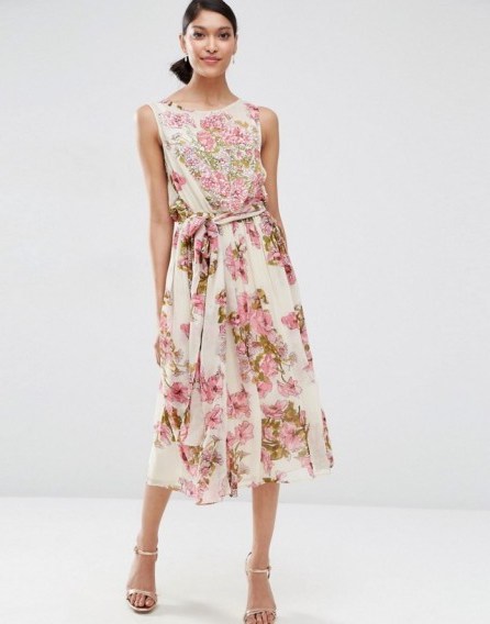 ASOS SALON Pretty Floral Soft Midi with Embellishment Bodice Dress – garden party dresses – summer parties – white pink & green – sequin embellished – floaty fabric – feminine style fashion – occasion wear - flipped