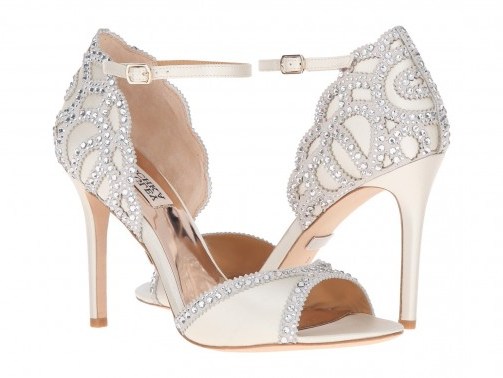 Badgley Mischka Roxy ankle strap pump – wedding shoes – bridal accessories – rhinestone embellished high heels – peep toe - flipped