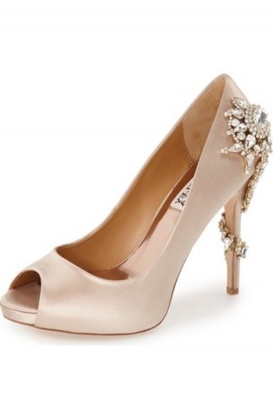 Badgley Mischka ‘Royal’ Crystal Embellished Peeptoe Pump nude – satin peep toe court shoes – high heeled wedding courts – bridal heels – designer footwear - flipped