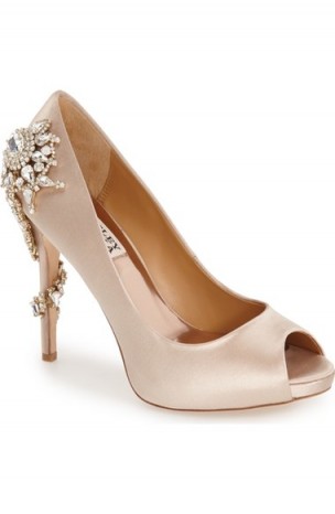 Badgley Mischka ‘Royal’ Crystal Embellished Peeptoe Pump nude – satin peep toe court shoes – high heeled wedding courts – bridal heels – designer footwear