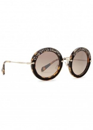 MIU MIU Black suede-trimmed tortoiseshell sunglasses in havana ~ luxe tortoise shell eyewear ~ chic summer holiday style ~ beautiful accessories ~ brown tone ~ crystal embellished - flipped