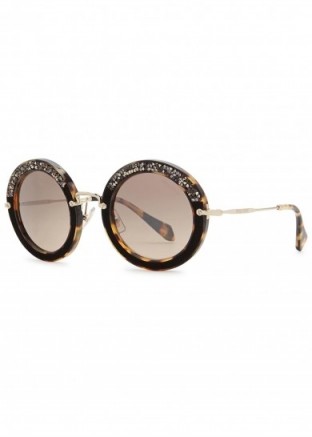 MIU MIU Black suede-trimmed tortoiseshell sunglasses in havana ~ luxe tortoise shell eyewear ~ chic summer holiday style ~ beautiful accessories ~ brown tone ~ crystal embellished