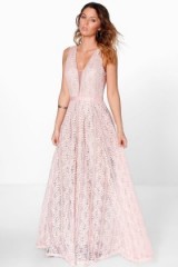 BOOHOO BOUTIQUE ALI ALL LACE PLUNGE NECK MAXI DRESS – pink evening dresses – long party fashion – feminine style occasion wear