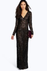 boohoo boutique MIA SEQUIN & MESH PLUNGE NECK MAXI DRESS BLACK ~ long evening dresses ~ occasion glamour ~ glamorous party wear ~ going out fashion ~ shimmering sequins ~ affordable luxe