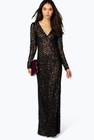 boohoo boutique MIA SEQUIN & MESH PLUNGE NECK MAXI DRESS BLACK ~ long evening dresses ~ occasion glamour ~ glamorous party wear ~ going out fashion ~ shimmering sequins ~ affordable luxe - flipped