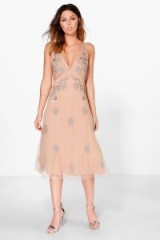 boohoo boutique MISA EMBELLISHED STAPPY BACK DRESS NUDE ~ affordable luxe style dresses ~ occasion fashion ~ feminine & floaty style ~ floral embellishments ~ sequins ~ sequin covered evening wear ~ chiffon overlay