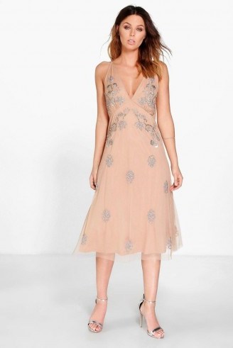 boohoo boutique MISA EMBELLISHED STAPPY BACK DRESS NUDE ~ affordable luxe style dresses ~ occasion fashion ~ feminine & floaty style ~ floral embellishments ~ sequins ~ sequin covered evening wear ~ chiffon overlay - flipped
