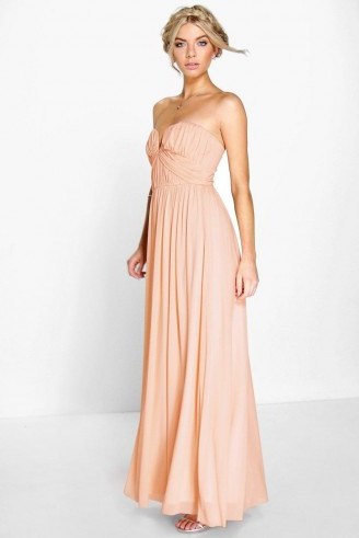 BOOHOO BOUTIQUE SIA MESH ROUCHED PLUNGE MAXI DRESS – pale pink evening gowns – long blush evening dresses – strapless occasion wear – going out glamour – strapless style fashion - flipped