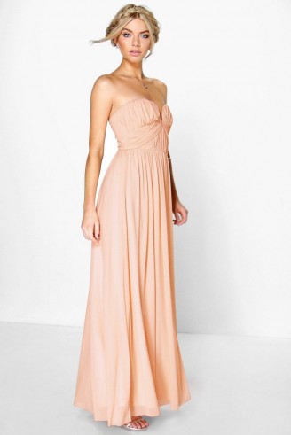 BOOHOO BOUTIQUE SIA MESH ROUCHED PLUNGE MAXI DRESS – pale pink evening gowns – long blush evening dresses – strapless occasion wear – going out glamour – strapless style fashion