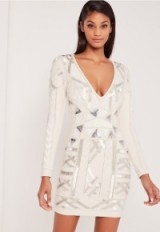 Missguided x carli bybel embellished plunge bodycon dress white – plunge front mini dresses – fitted evening fashion – glamorous party wear – going out glamour