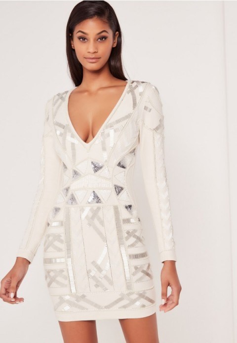 Missguided x carli bybel embellished plunge bodycon dress white – plunge front mini dresses – fitted evening fashion – glamorous party wear – going out glamour - flipped