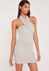 Missguided x carli bybel faux suede wrap neck bodycon dress grey – affordable luxe – evening fashion – going out dresses – party style