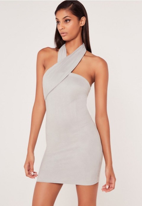 Missguided x carli bybel faux suede wrap neck bodycon dress grey – affordable luxe – evening fashion – going out dresses – party style - flipped