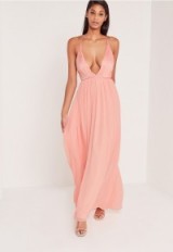 carli bybel x missguided pleated silky maxi dress pink – long summer evening dresses – plunge front party wear – going out fashion – feminine style