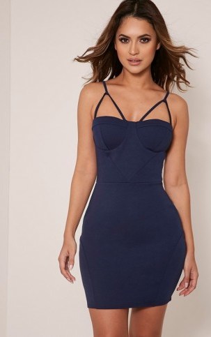 pretty little thing CARRIE NAVY CREPE PANEL BODYCON DRESS – going out dresses – fitted party fashion – glamorous evening wear – affordable glamour – strappy mini dress - flipped