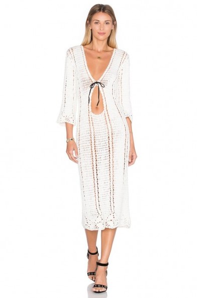 X ZELLA DAY FOR REVOLVE FLOWER BORDER DRESS in ivory ~ from Olivia Palermo’s Hampton’s must-have’s, July 2016. Celebrity style fashion | crochet knit midi dresses | knitwear | knitted plunge front dress | keyhole detail | Olivia Palermo style - flipped