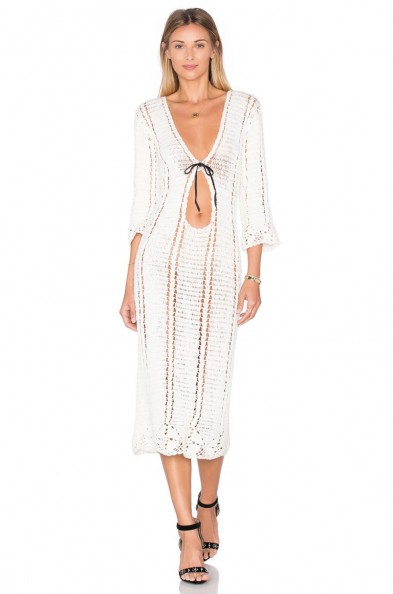 X ZELLA DAY FOR REVOLVE FLOWER BORDER DRESS in ivory ~ from Olivia Palermo’s Hampton’s must-have’s, July 2016. Celebrity style fashion | crochet knit midi dresses | knitwear | knitted plunge front dress | keyhole detail | Olivia Palermo style