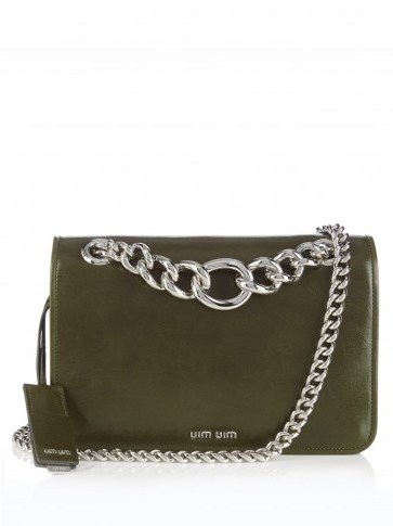 MIU MIU Club leather cross-body bag khaki leather – green handbags – designer bags – luxe accessories – crossbody – chain strap shoulder bags - flipped