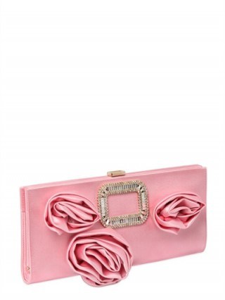 ROGER VIVIER PILGRIM ROSE SILK SATIN CLUTCH ~ pink satin rose appliqués ~ chic evening bags ~ embellished designer handbags ~ luxe style accessories - flipped