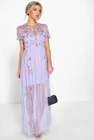 BOOHOO BOUTIQUE CORINE BOUTIQUE EMBELLISHED MAXI DRESS – long party dresses – lilac evening fashion – semi sheer – going out glamour - flipped