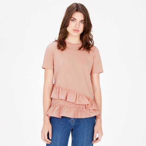 Warehouse cotton poplin ruffle tee in light pink – ruffled tees – casual tops – feminine style fashion – short sleeved t-shirts - flipped