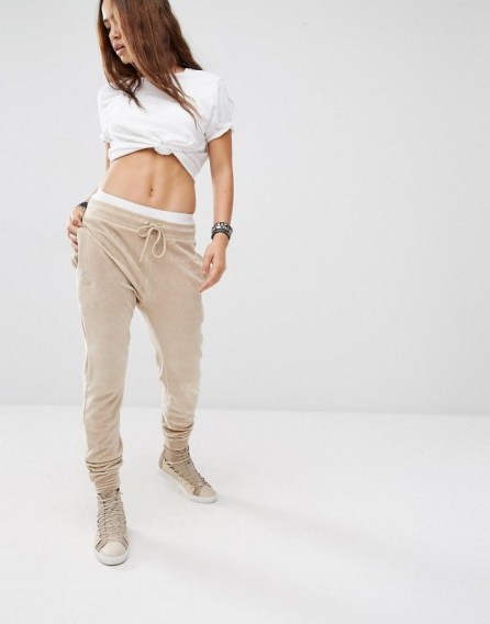 Criminal Damage Velour Sweat Pants Co-Ord in nude. Casual trousers | weekend fashion - flipped
