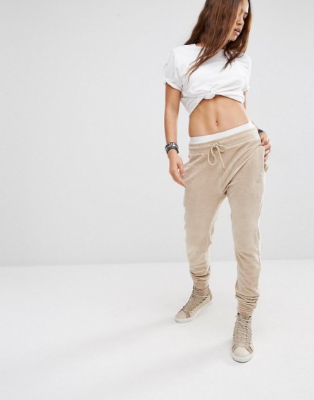 Criminal Damage Velour Sweat Pants Co-Ord in nude. Casual trousers | weekend fashion
