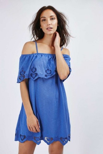 TOPSHOP Blue Cutwork Bardot Dress ~ off the shoulder ~ cute sundresses ~ summer holiday dresses - flipped