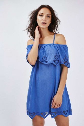 TOPSHOP Blue Cutwork Bardot Dress ~ off the shoulder ~ cute sundresses ~ summer holiday dresses