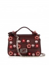 FENDI Double Flowerland Micro Baguette cross-body bag burgundy. Dark red bags – floral embellished handbags – designer crossbody