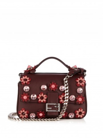 FENDI Double Flowerland Micro Baguette cross-body bag burgundy. Dark red bags – floral embellished handbags – designer crossbody - flipped