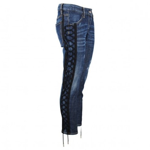 Dsquared2 Resina Wash Deana Jeans With Lace-Up Detail. Blue denim | casual designer fashion | black side lace ups - flipped