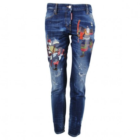 Dsquared2 Samurai Wash Cigarette Jeans. Printed blue denim | distressed | casual designer fashion - flipped