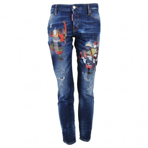 Dsquared2 Samurai Wash Cigarette Jeans. Printed blue denim | distressed | casual designer fashion