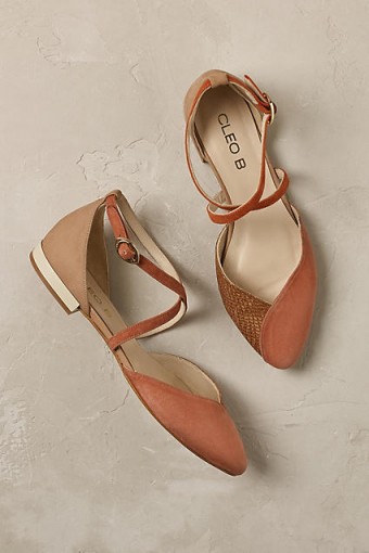 Cleo B ~ Elsa Cross Strap Flats in coral. Flat suede shoes | pointed toe | summer accessories
